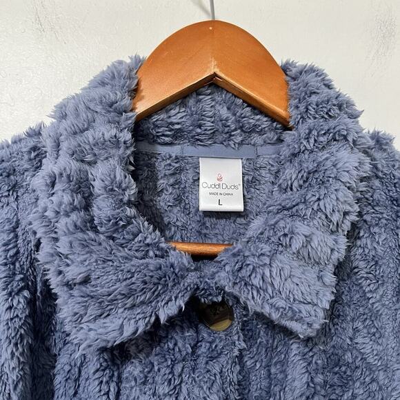 Cuddl Duds Button Front Sculpted Sherpa Shirt Jacket Size L Blue Cozy Women's - Picture 5 of 6
